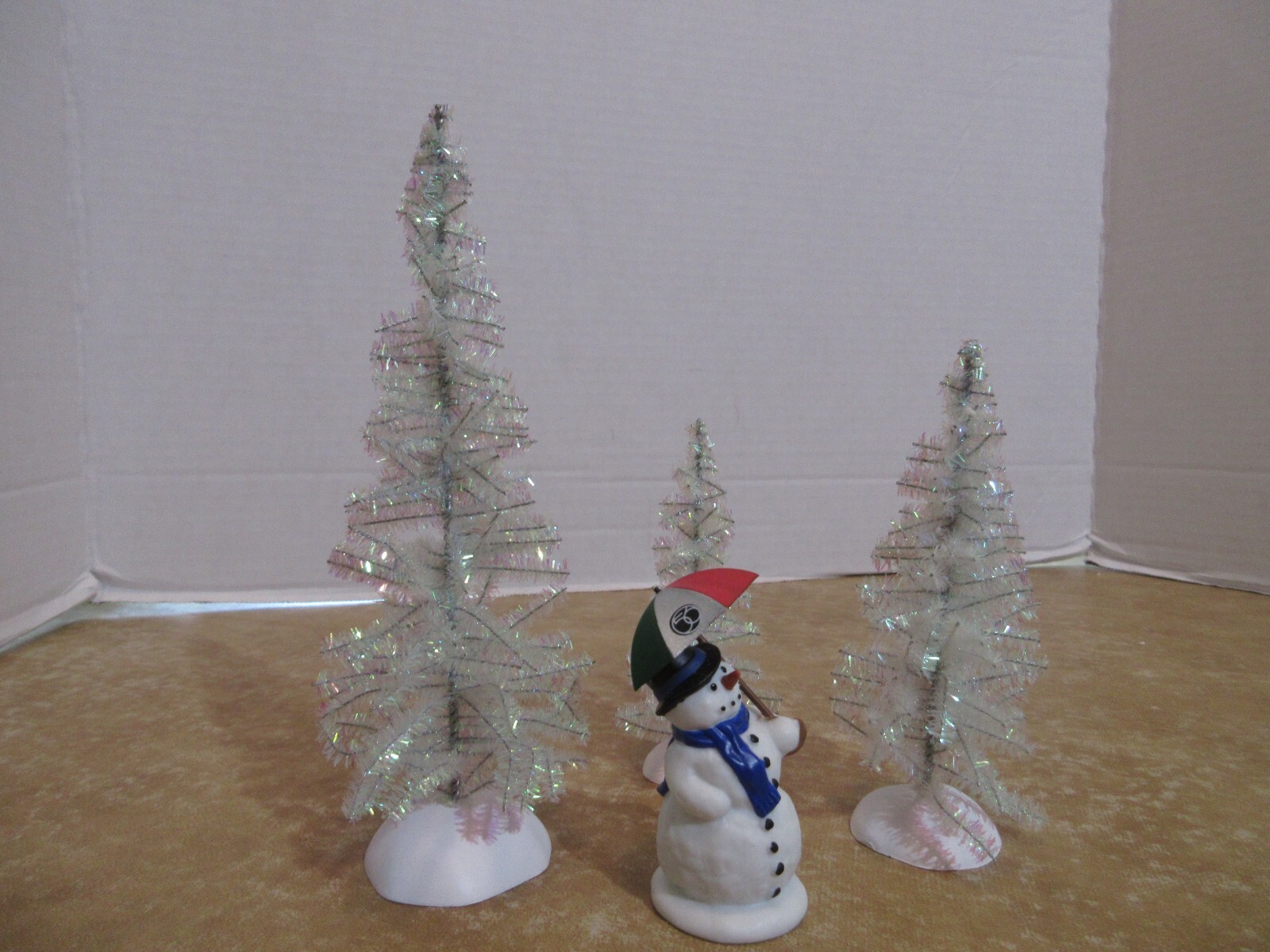 Dept. 56 2004 Classic Tinsel Trees 3 Pcs. & 2005 Ed ,The NCC Snowman