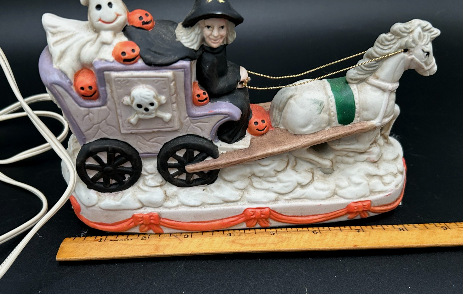 Vintage Halloween Porcelain Lighted Spooky Horse Drawn Witch Carriage