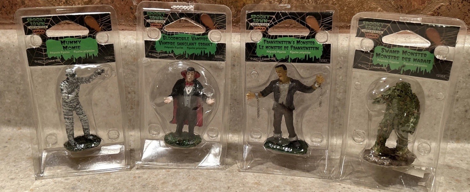 Lemax Halloween Spooky Town Figures Lot of 4. Frankenstein,Dracula,Swamp, Mummy