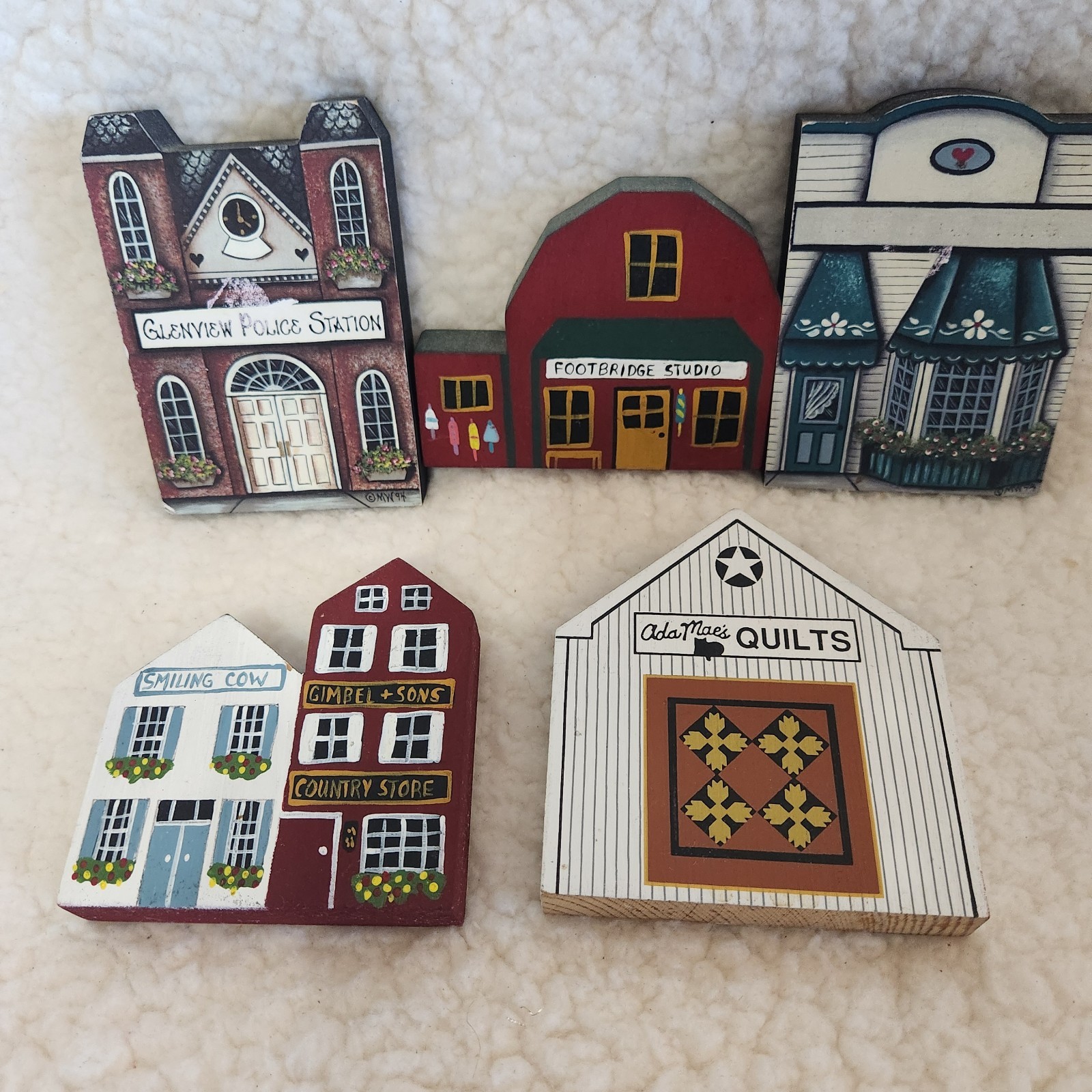Collection Of 5 Vtg. Wooden Village Houses, 4″x3″ Mixed Artists EUC