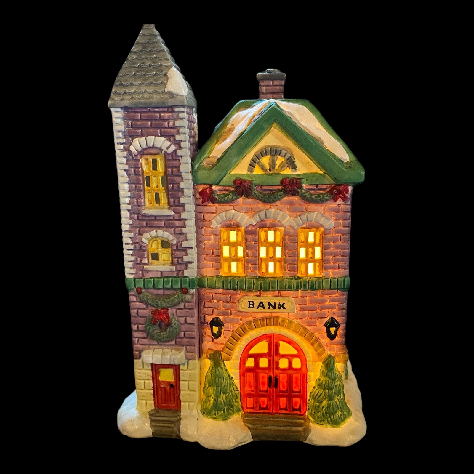 1995 Trim A Home Illuminated Porcelain Bank Building 8” Tall Holiday Design