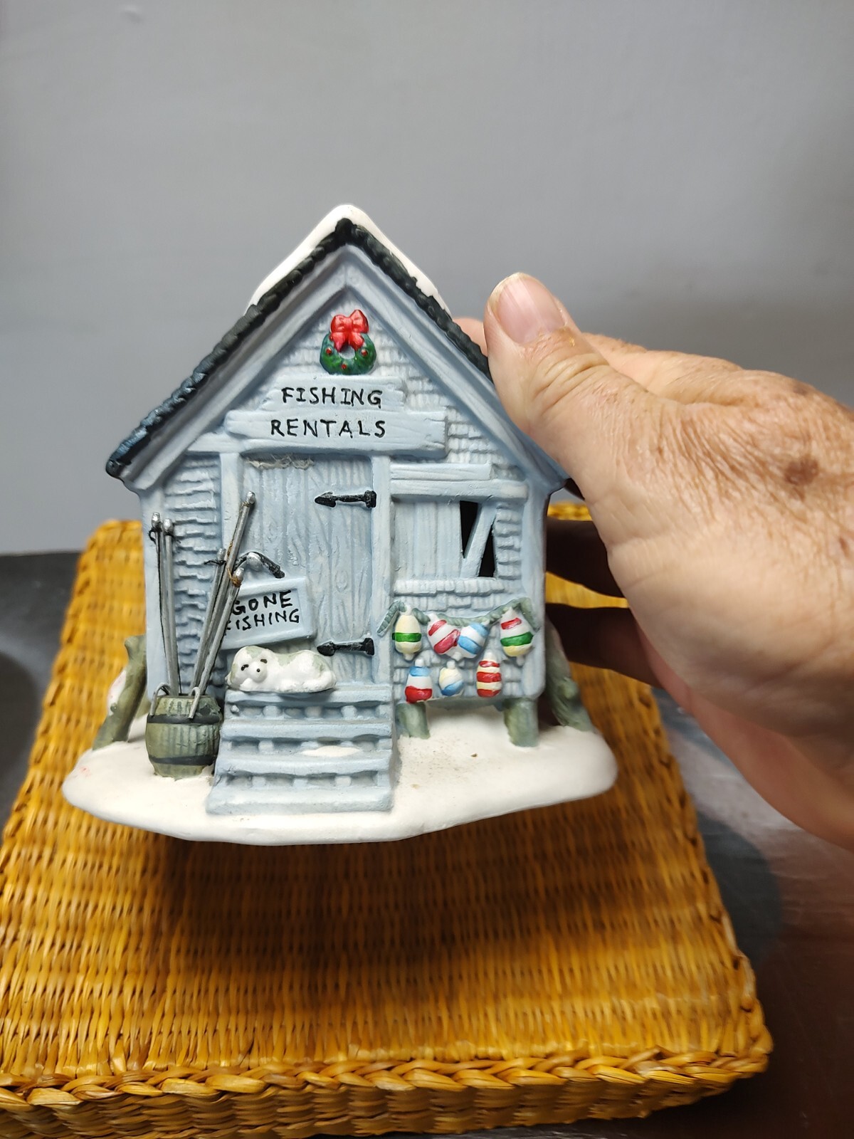 “Fishing Rentals” Village House w/dog on porch & poles Keg Detailed No cord 107