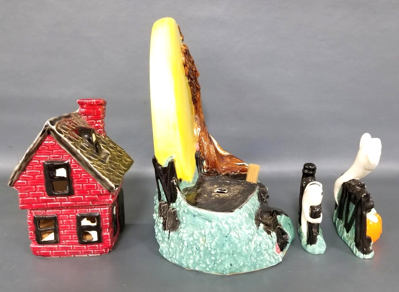 Vintage 4 Pc Ceramic Haunted House Set with Smiling Full Moon Handpainted