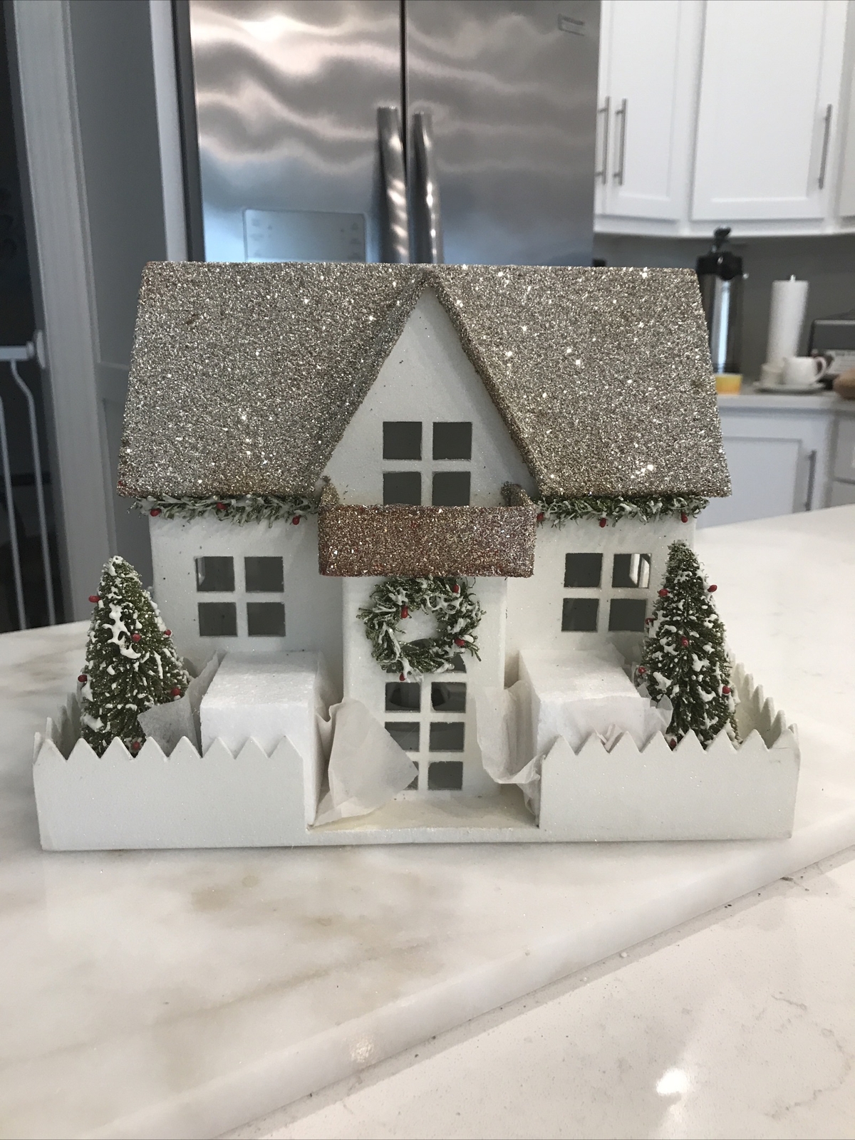 POTTERY BARN Vintage Wood Lighted Glitter S Christmas Holiday House German Glass