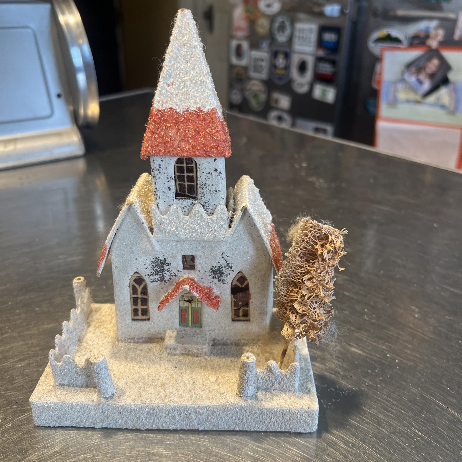 Vtg Post War Large Japan Putz Pink Church with Steeple & Fence