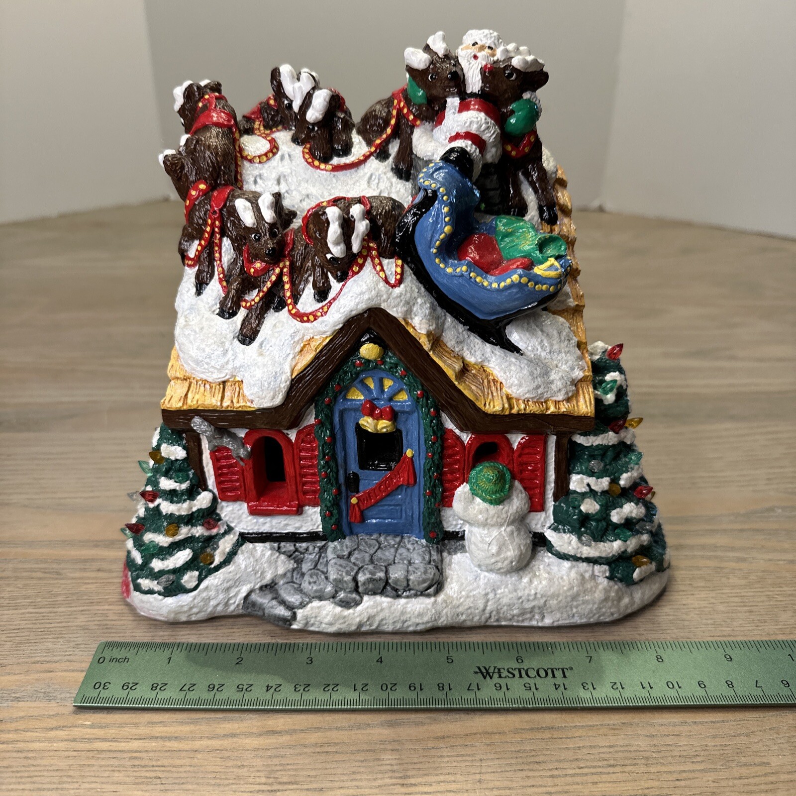 Vtg Christmas House “Up on the House Top” Santa Reindeer Snowman Plastercraft