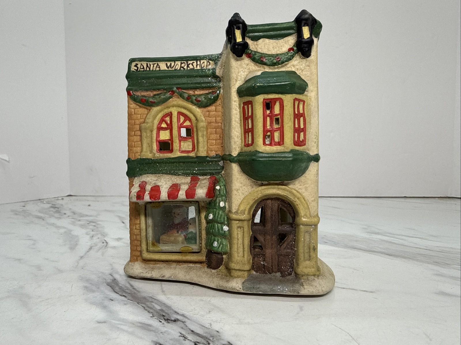 Santa Workshop Tea Light Candle Holder Christmas Decoration House Vintage 4.5”H