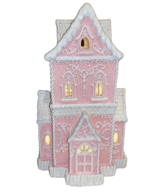 Christmas PINK Victorian Glitter Lighted Gingerbread Hand Painted House 14″ NEW