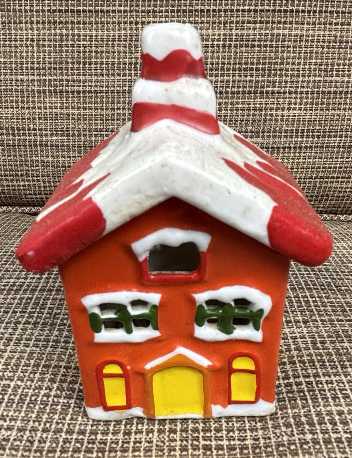 Vintage Hand Painted Ceramic Christmas Village CANDLE HOUSE Tealight Holder