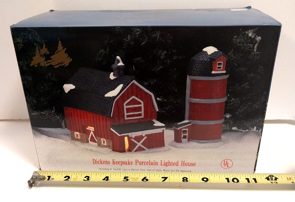Dickens Keepsake Porcelain Lighted Red Barn and Silo Christmas House 1995 / New!