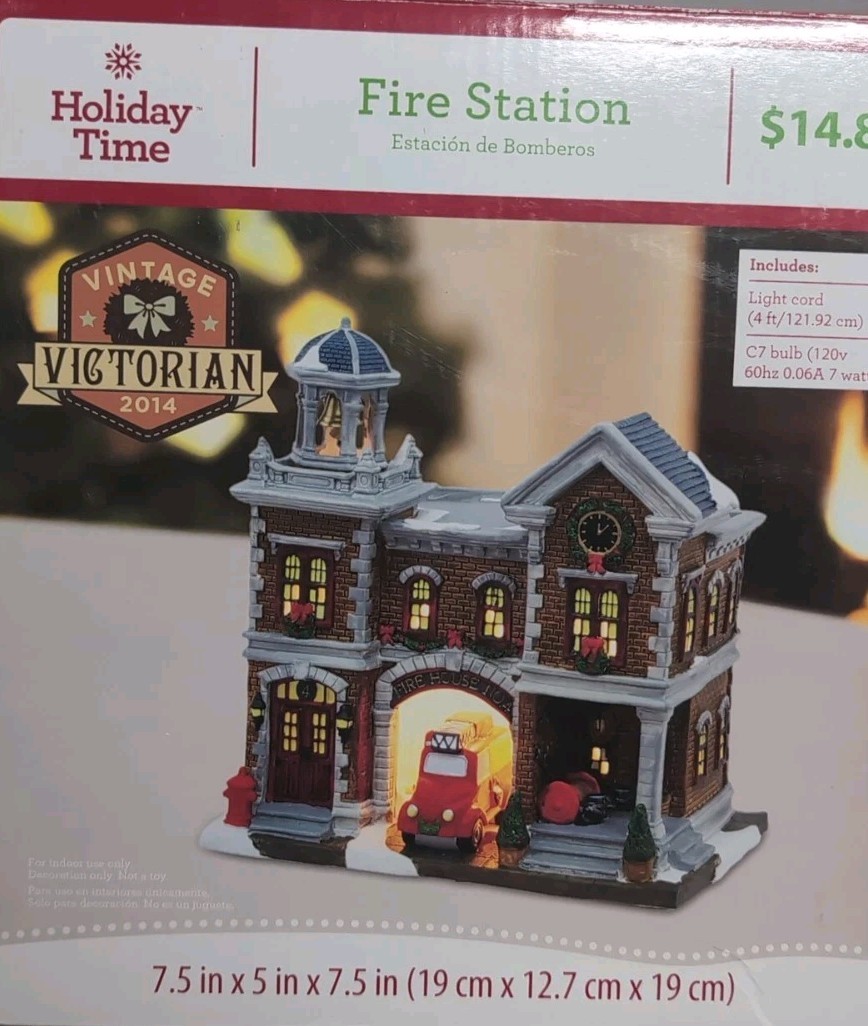 Holiday Time Lighted Fire House , Bell ,Red Fire Truck, 2014 Ceramic