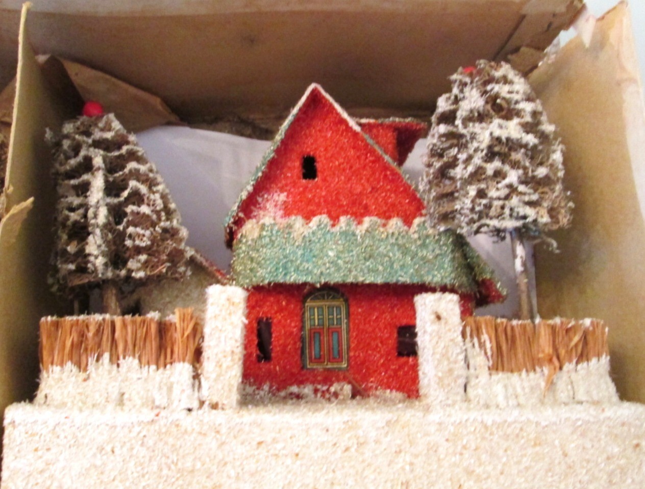 8 Antique Christmas Putz Houses with loofah trees dog houses balconies etc