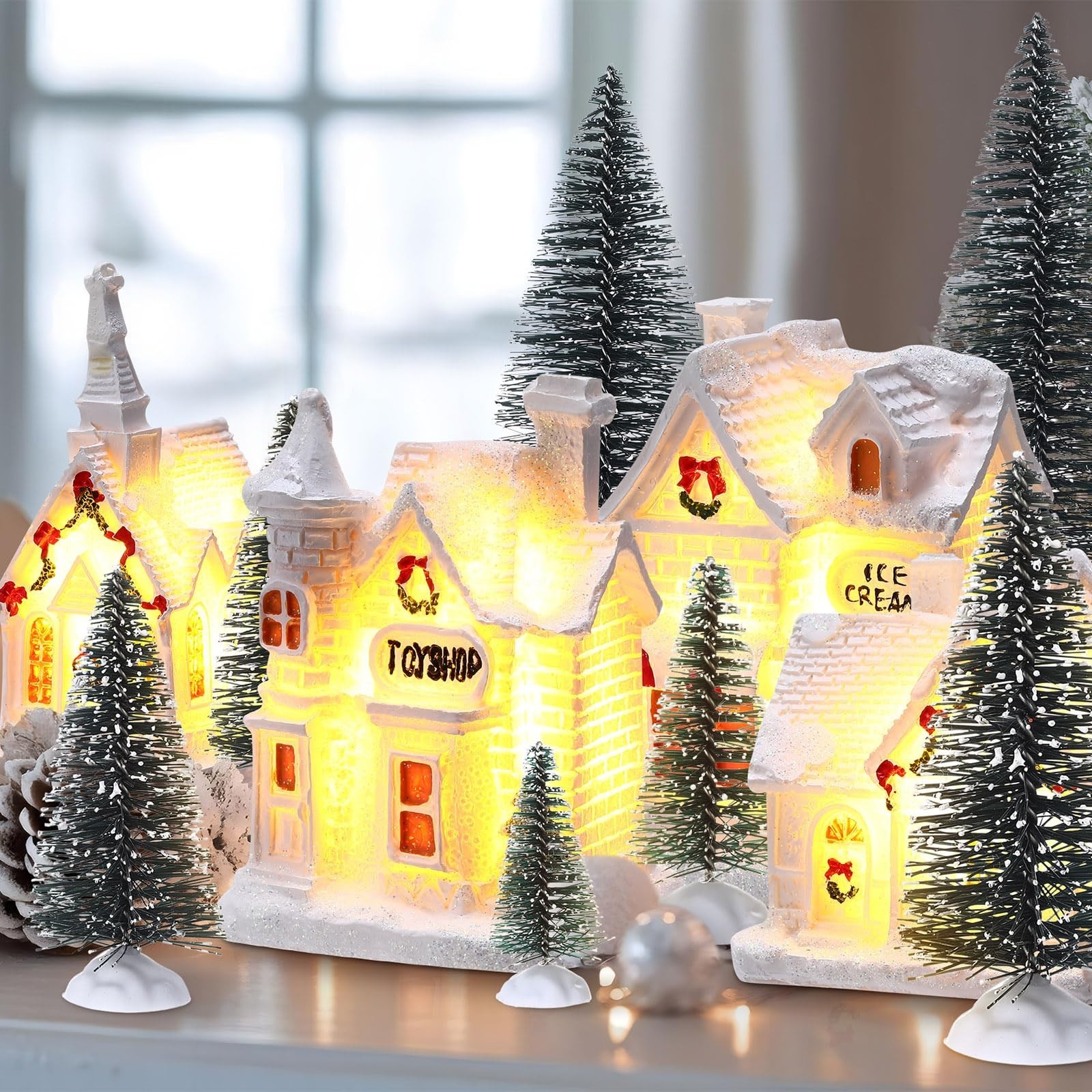 16 Pcs Light-Up Miniature Village Set – 8 LED Houses & Pine Trees Decor for Wint