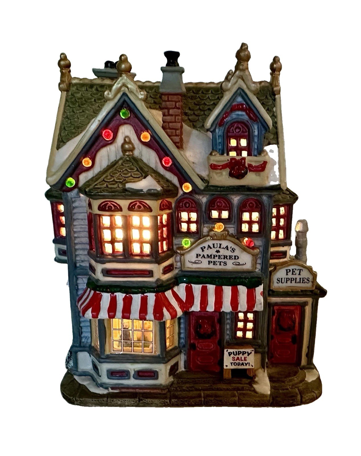 Vintage 2002 Lemax Village Porcelain House Paula’s Pampered Pets – Works