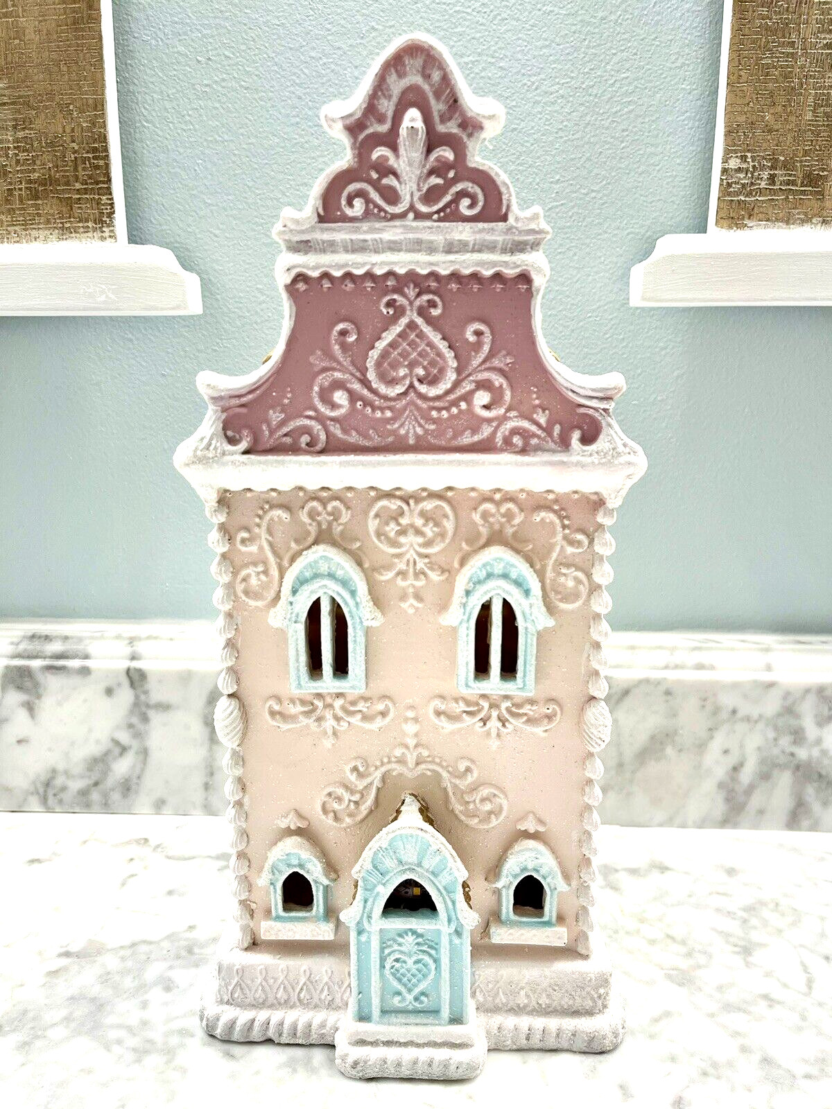 Pink Christmas Victorian Gingerbread House Lights Up 13.5″ NEW