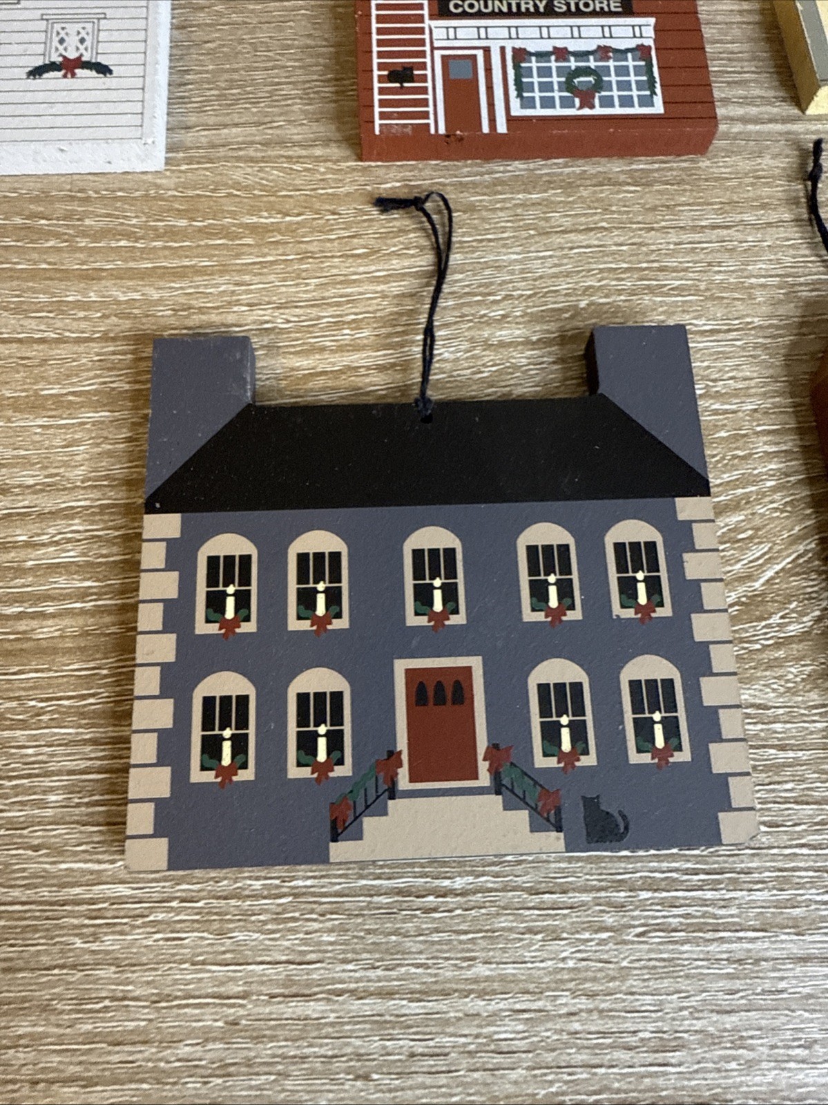 Lot Of 7 The Cats Meow Wooden Ornaments Houses, Christmas Shop, Country Store