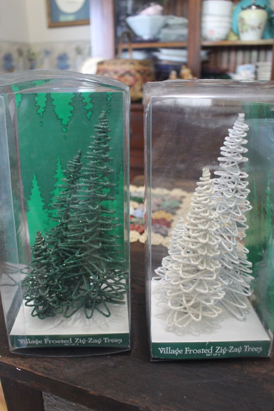 Dept 56 Village Frosted Zig Zag Trees 2 Sets Green and White