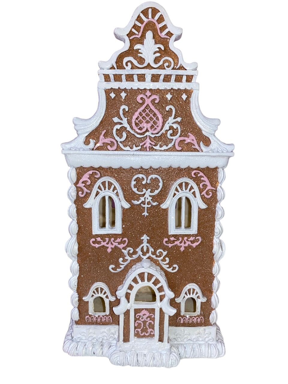 Christmas Brown PINK Victorian 14″ Lighted Hand Painted Gingerbread House NEW