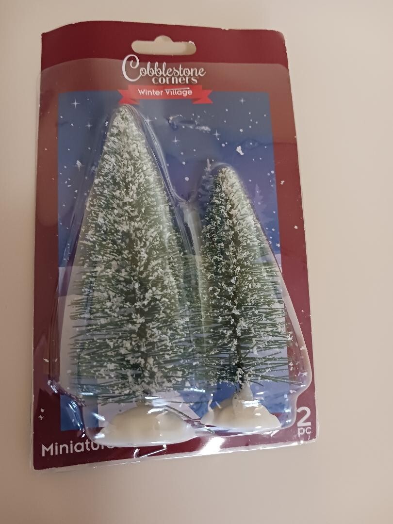 Two Miniature Christmas Trees by Cobblestone Corners Winter Village 5 1/2″ & 4″