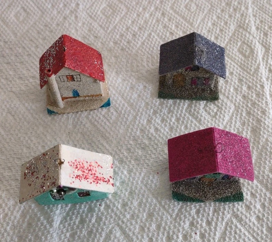Vintage Lot Of 4 Putz Cardboard Paper Mache Mica Glitter Christmas houses Japan