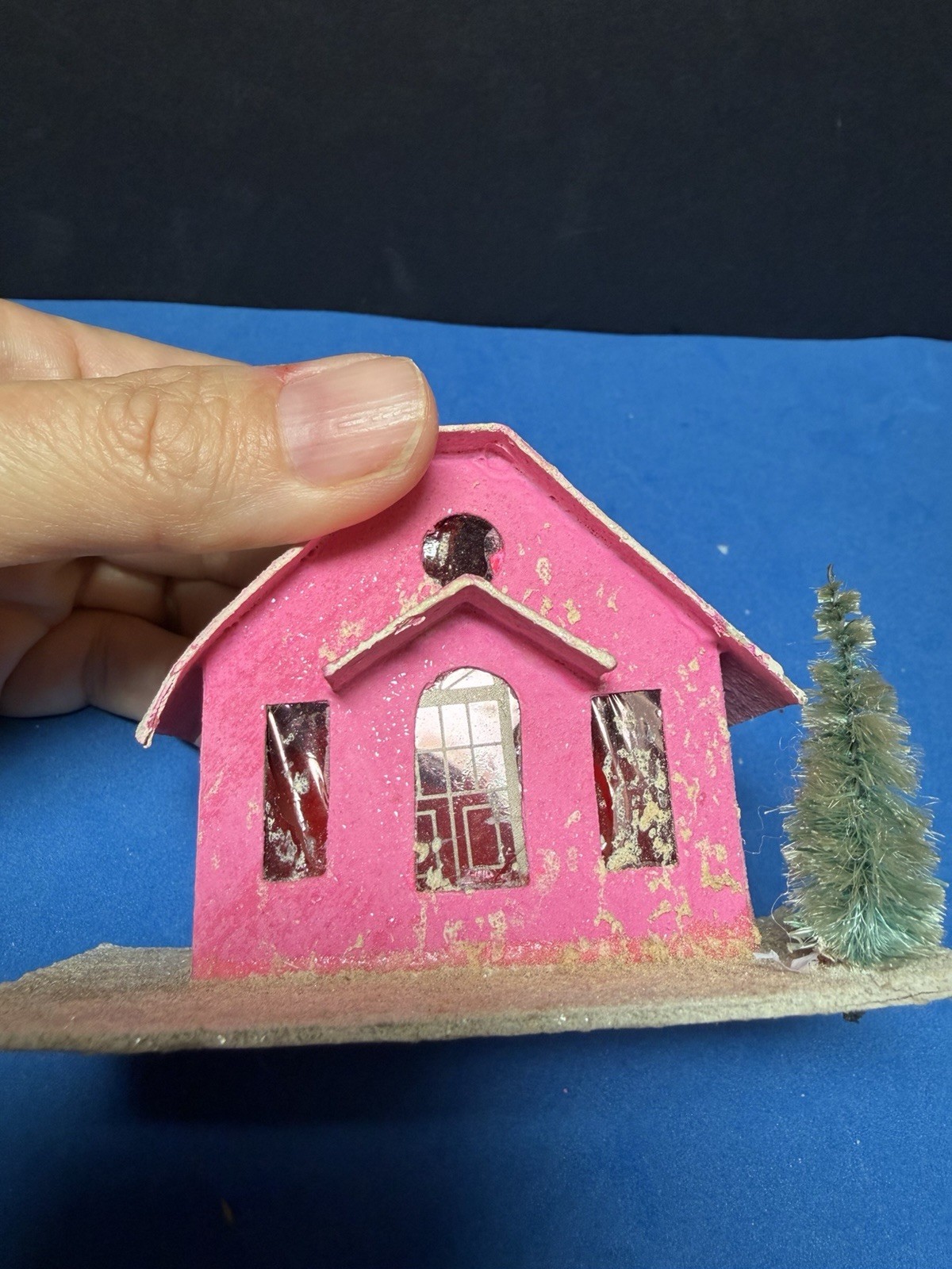 Vtg 1950s Mini Putz Houses JAPAN Christmas Village Cardboard Mica Trees Lot of 5