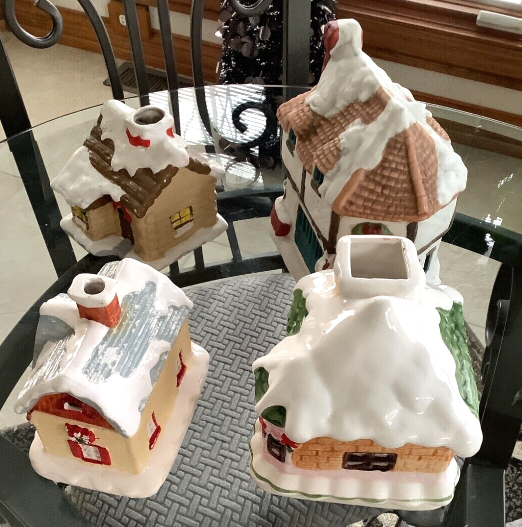 Vintage Christmas Village 5Pc Lot Porcelain Ceramic Cabin House Taiwan Thailand