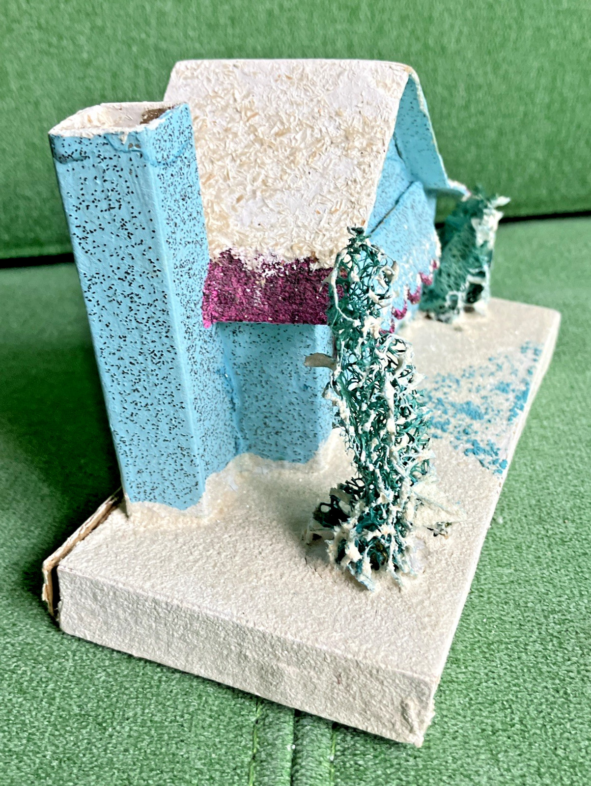 2 Sizes VTG Christmas Putz Houses, Cardboard w Mica Glitter, Windows, Trees