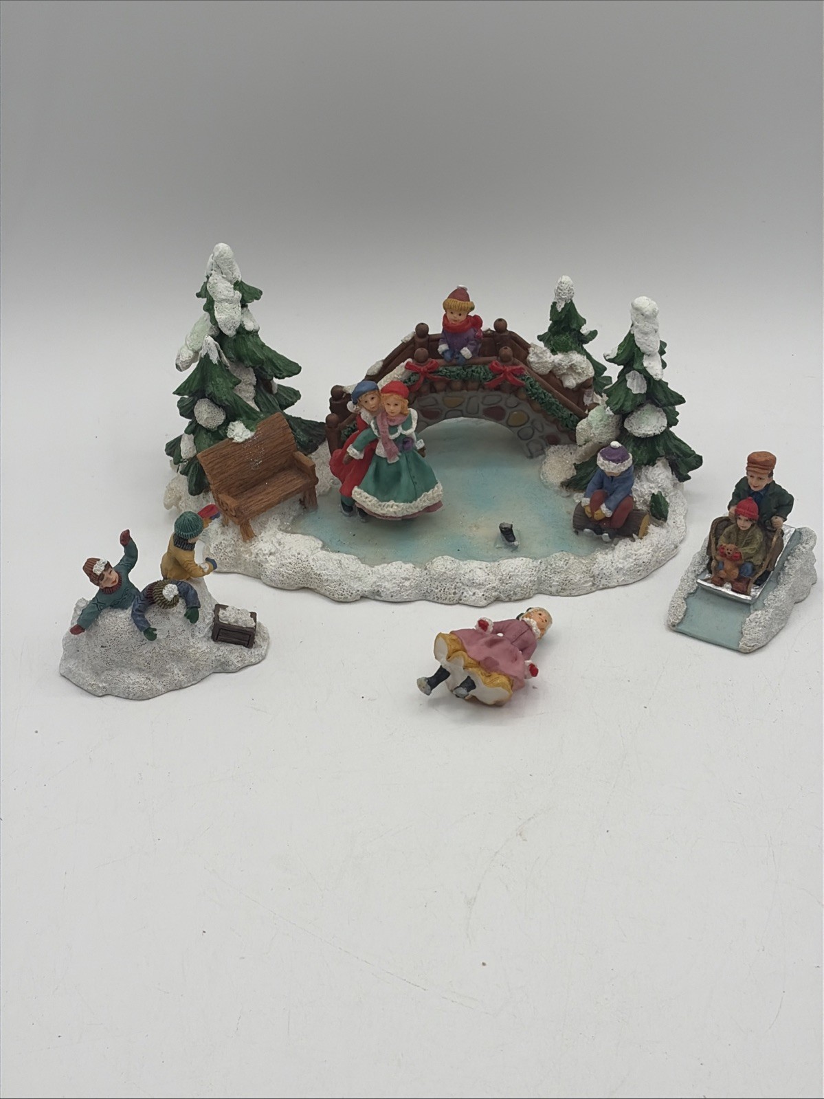 Vintage Ice Skating Pond (broken Ice Skater) & 2 Extra Snow Scene Pieces