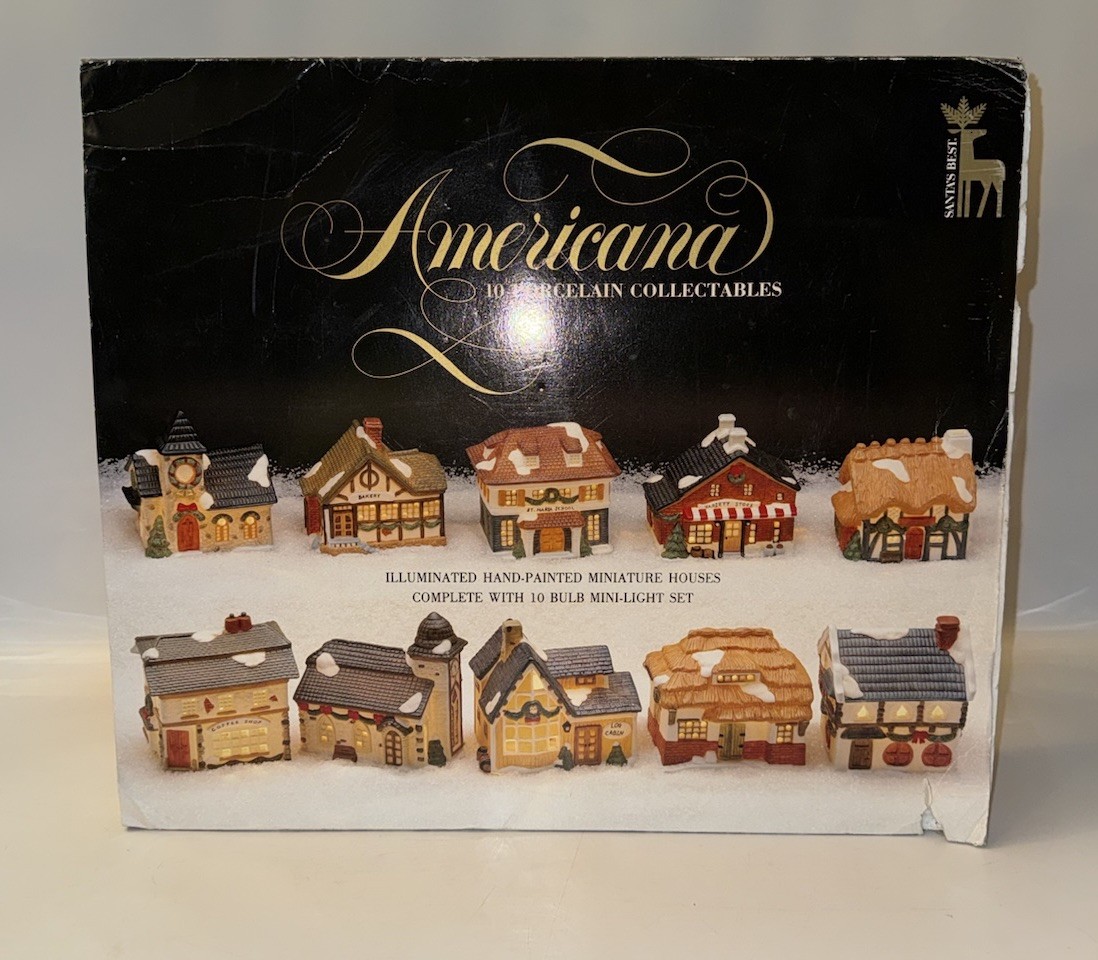 Christmas Village Light Set 10 Porcelain Houses Santas Best Americana VTG 1994