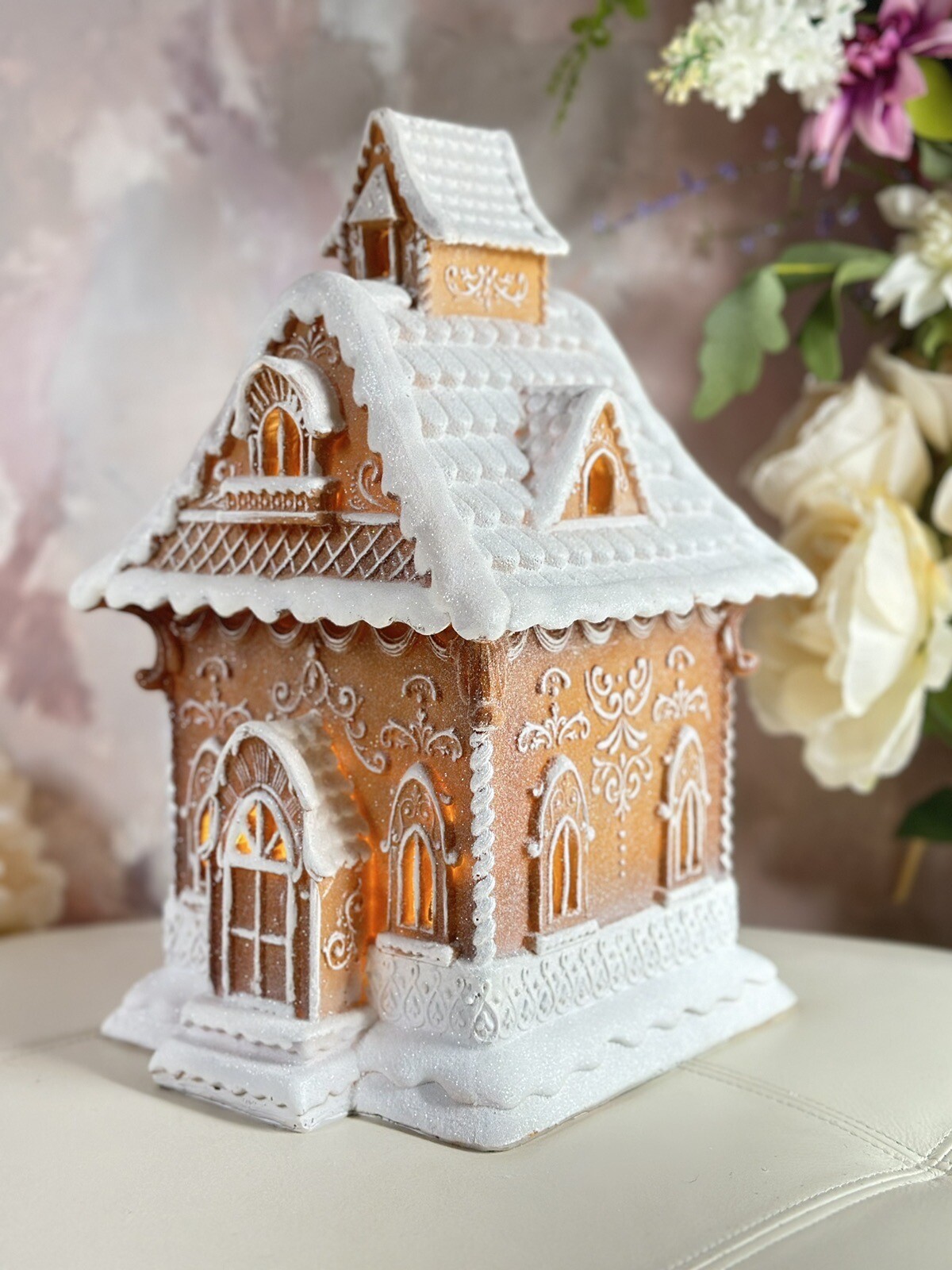 Christmas LED 13”Gingerbread Victorian House W/Beautiful Lace Swirls Frosted NEW