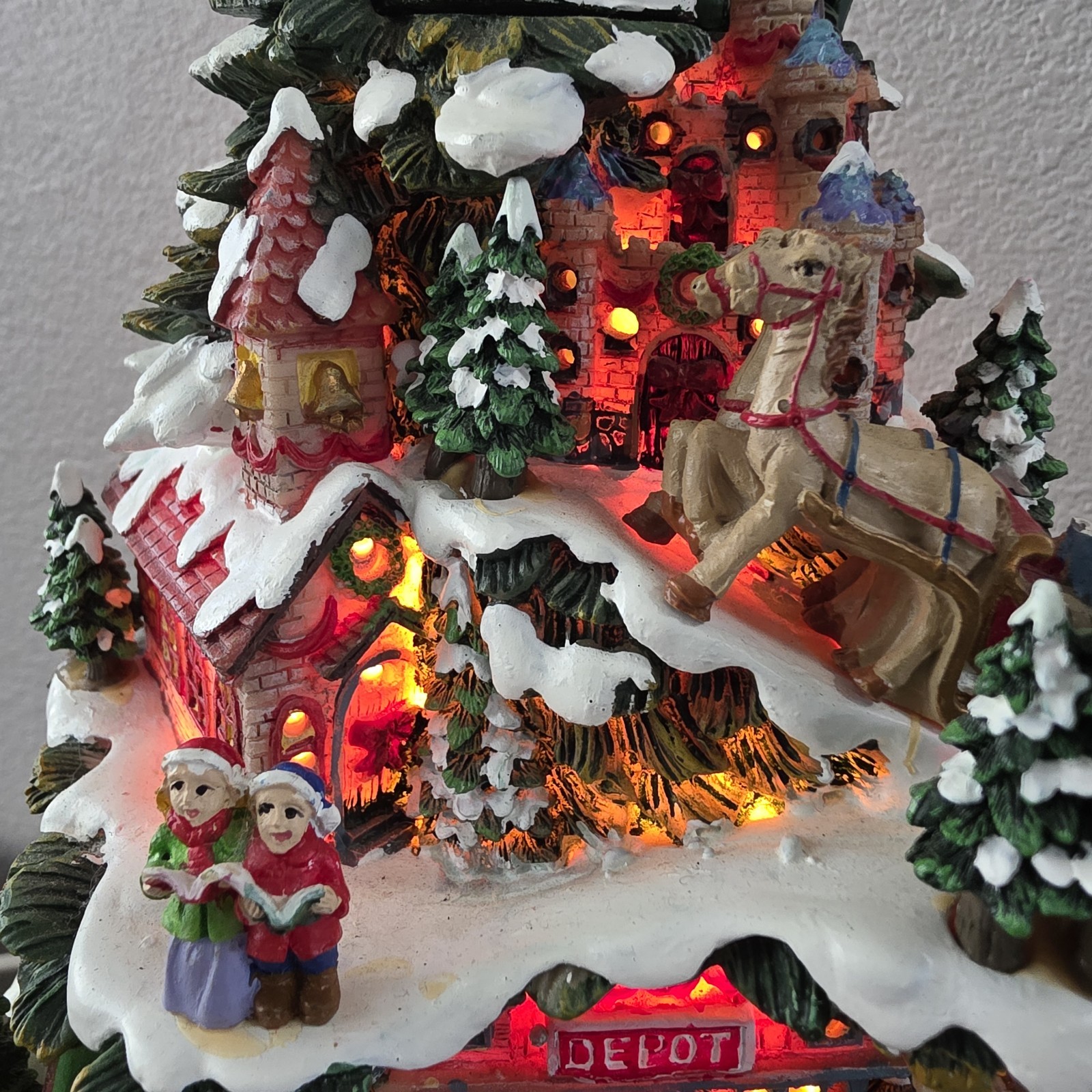 Vintage Christmas Village Tree Scene Lighted Train Depot Santa Sleigh