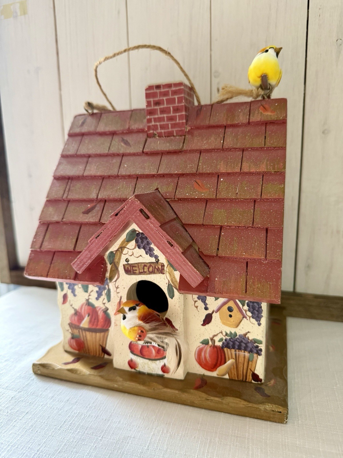Vintage Kathy Hatch Wooden Bird House Hand Painted Autumn Pumpkin Apple