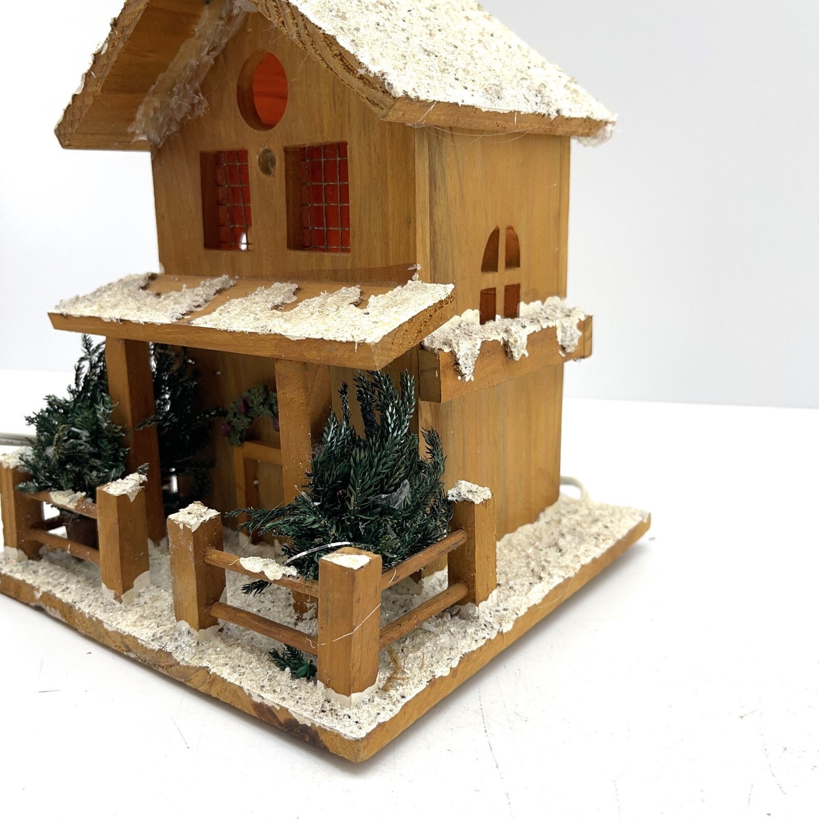 Frosty Wooden Village House Christmas Lamp with Red Lighting Winter Decor