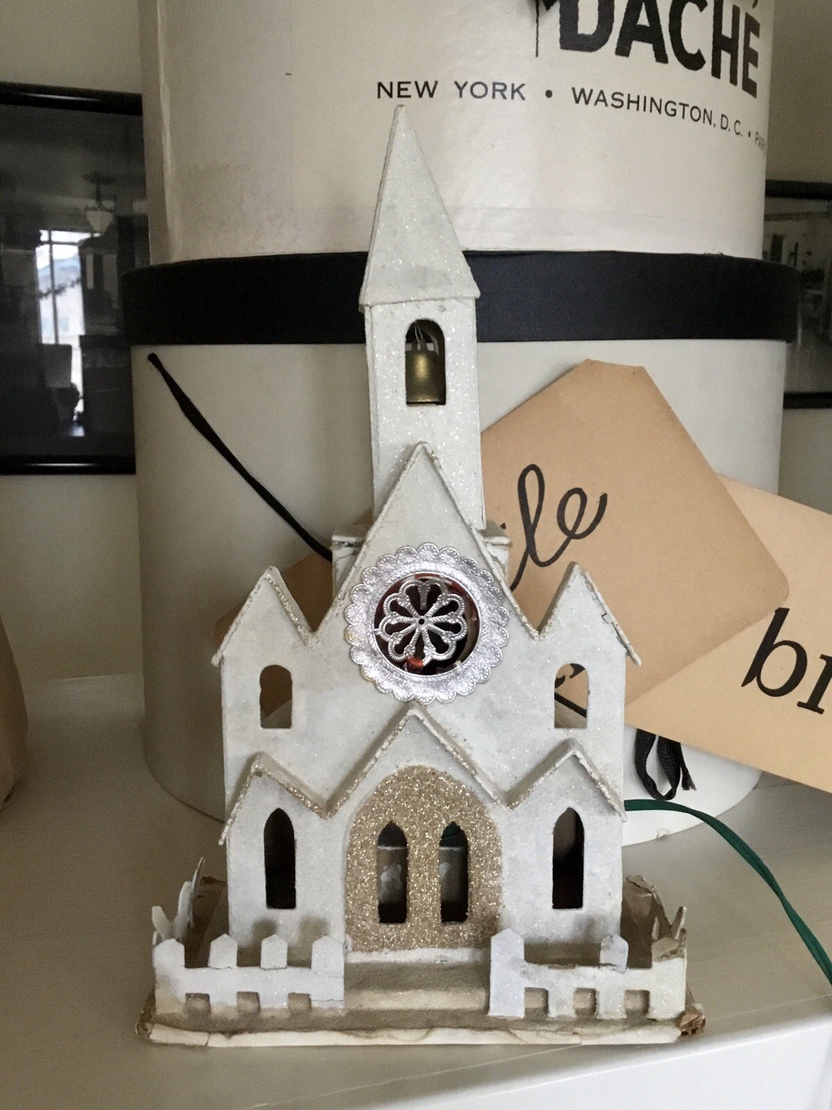 Vintage Christmas Putz Cardboard Light Up Church With Steeple 11” Tall AS IS