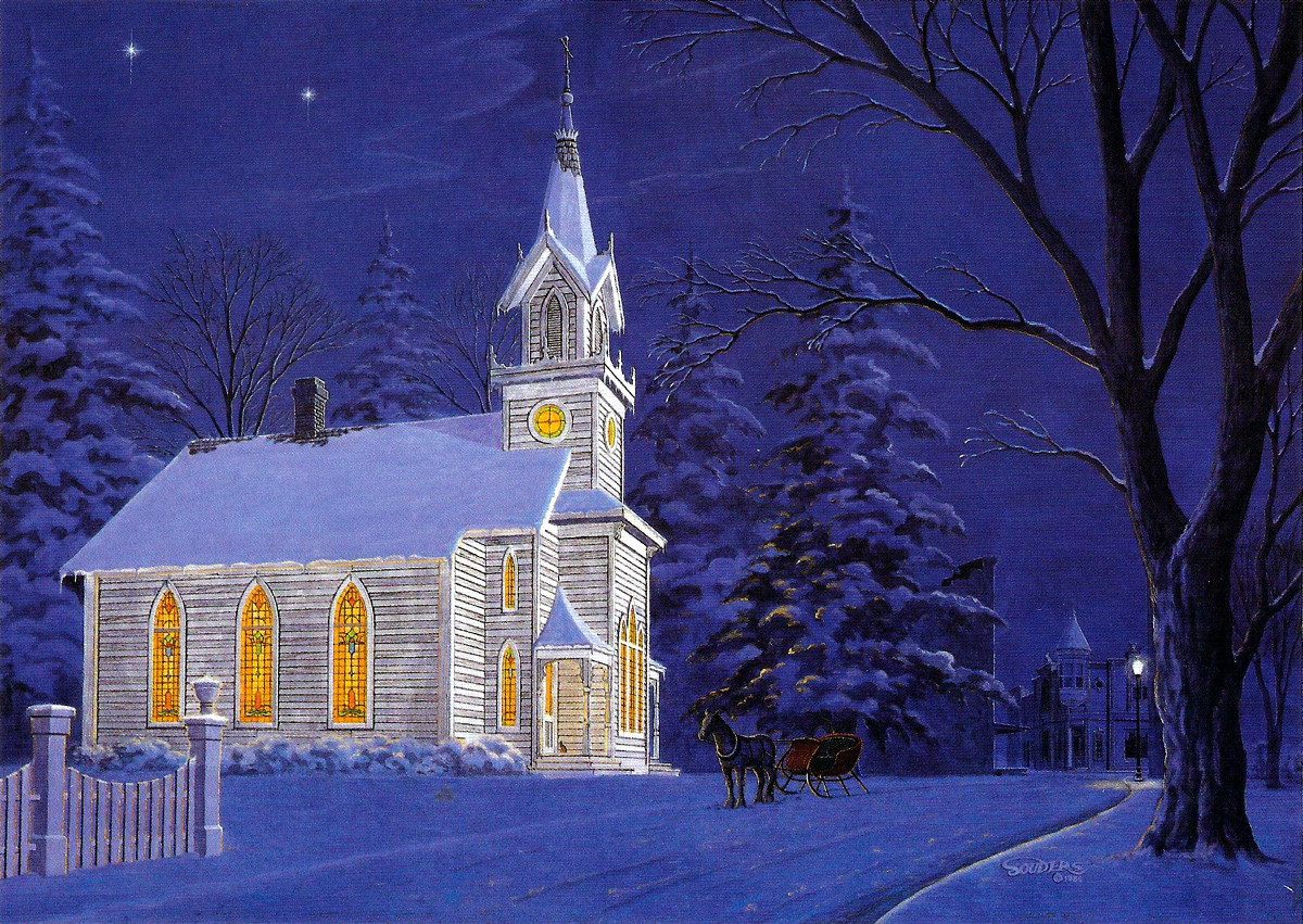 Silent Night Christmas Holiday Church Chapel Snow Sleigh Art SIGNED by Souders