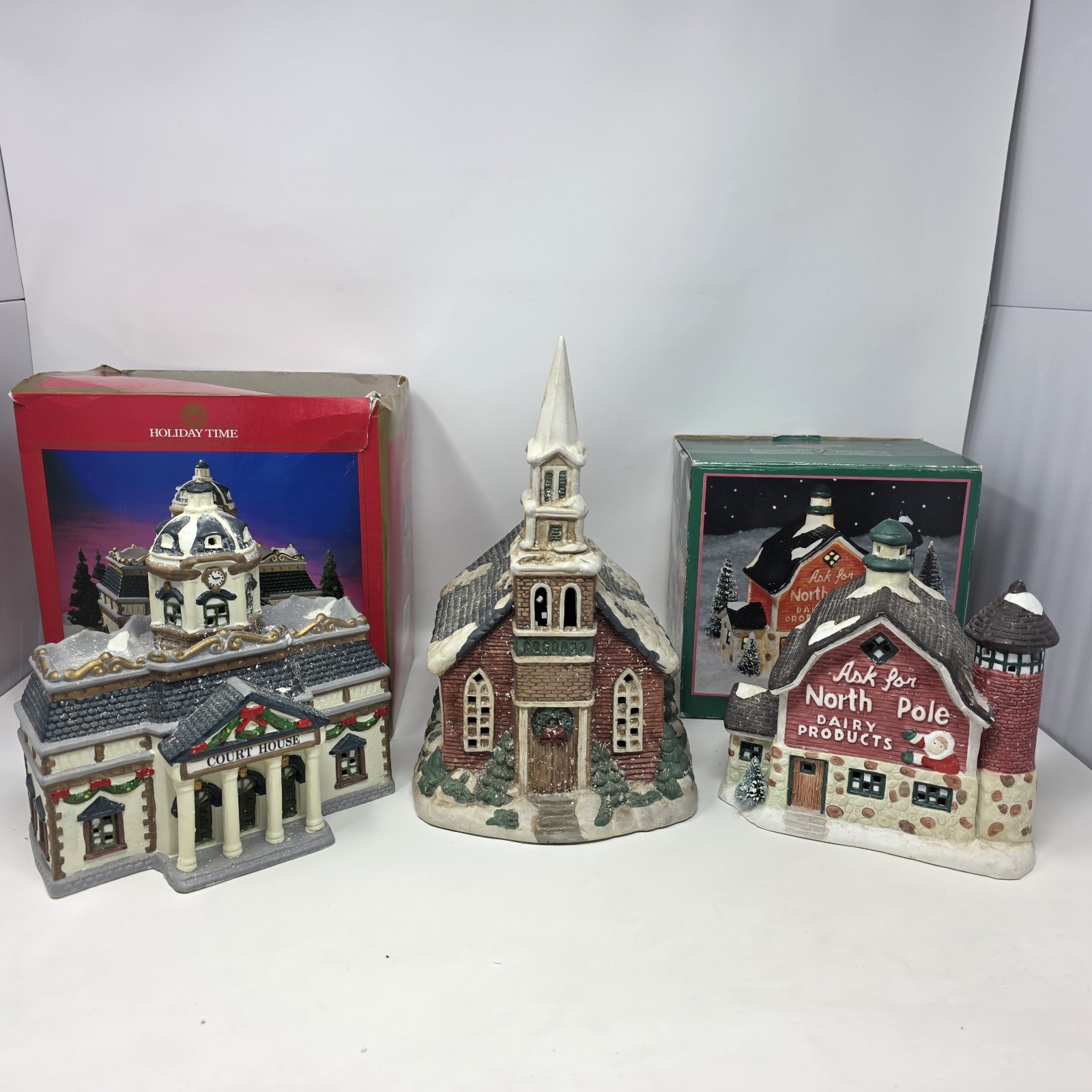 Vintage Village Christmas Church Court House North Pole Dairy Holiday Time Lot