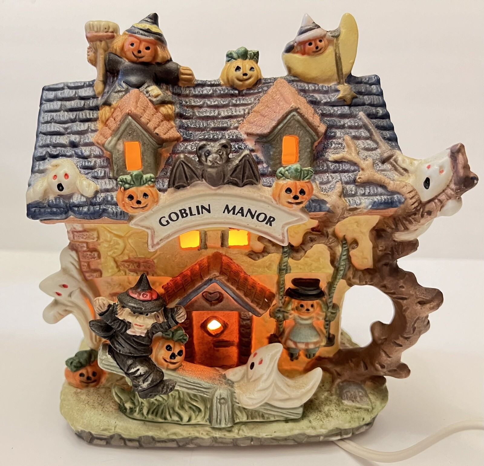 Vtg Halloween Ceramic Goblin Manor Plug In Light Up Ghosts Witch Bat Pumpkins