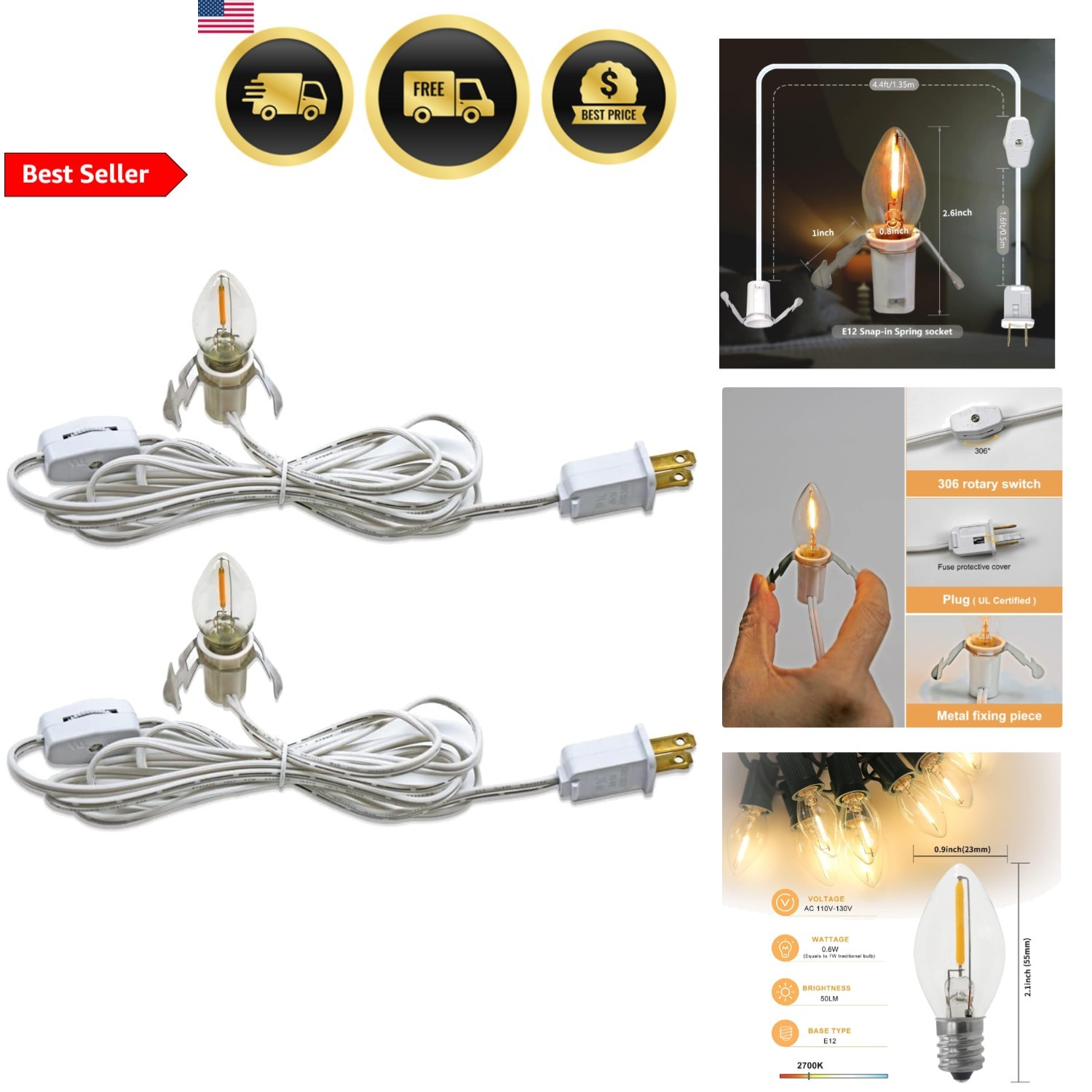 C7 Accessory Cord with 2 LED Bulbs for Christmas Holiday Decorations