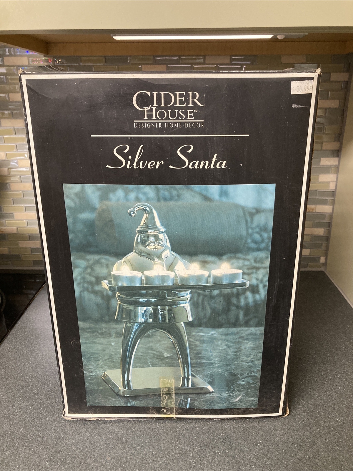 Vintage Cider House Silver Santa POTTERY BARN Christmas 4 Tea Light Holder Decor