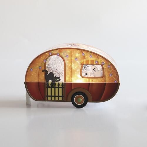 8″ Water Spinning Glitter Camper Warm White LED Indoor Tabletop Halloween Decor