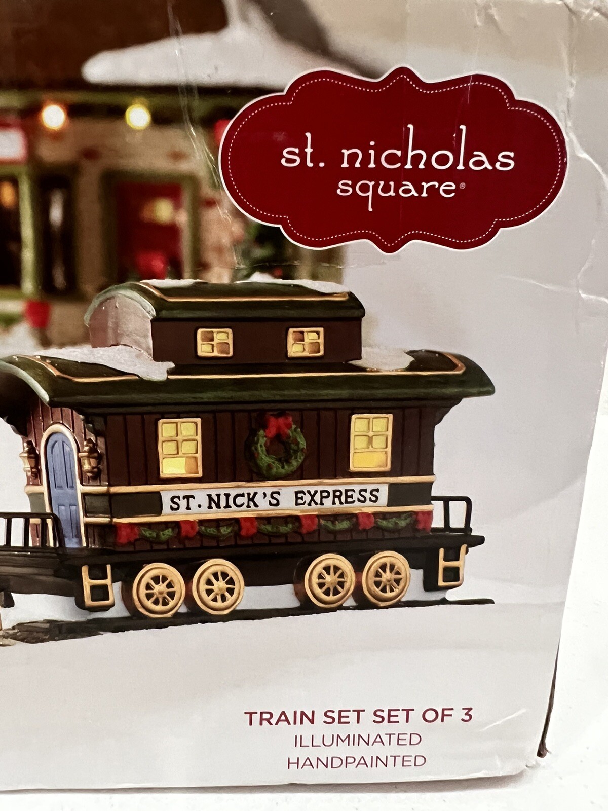 St. Nicholas Square Village Collection Set of 3 Train Set Illuminated With Box