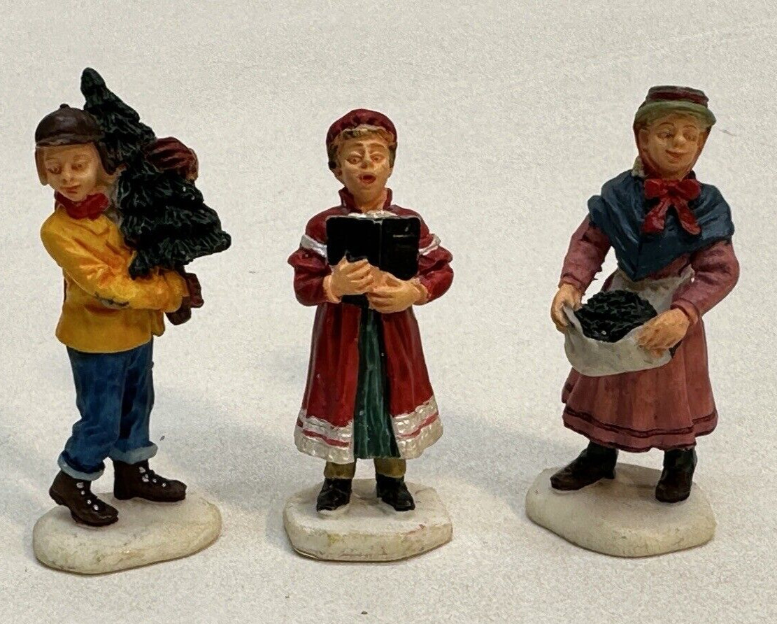 Lemax Christmas Village Figures Little Girl Caroler Boy Holding Tree Woman Apron