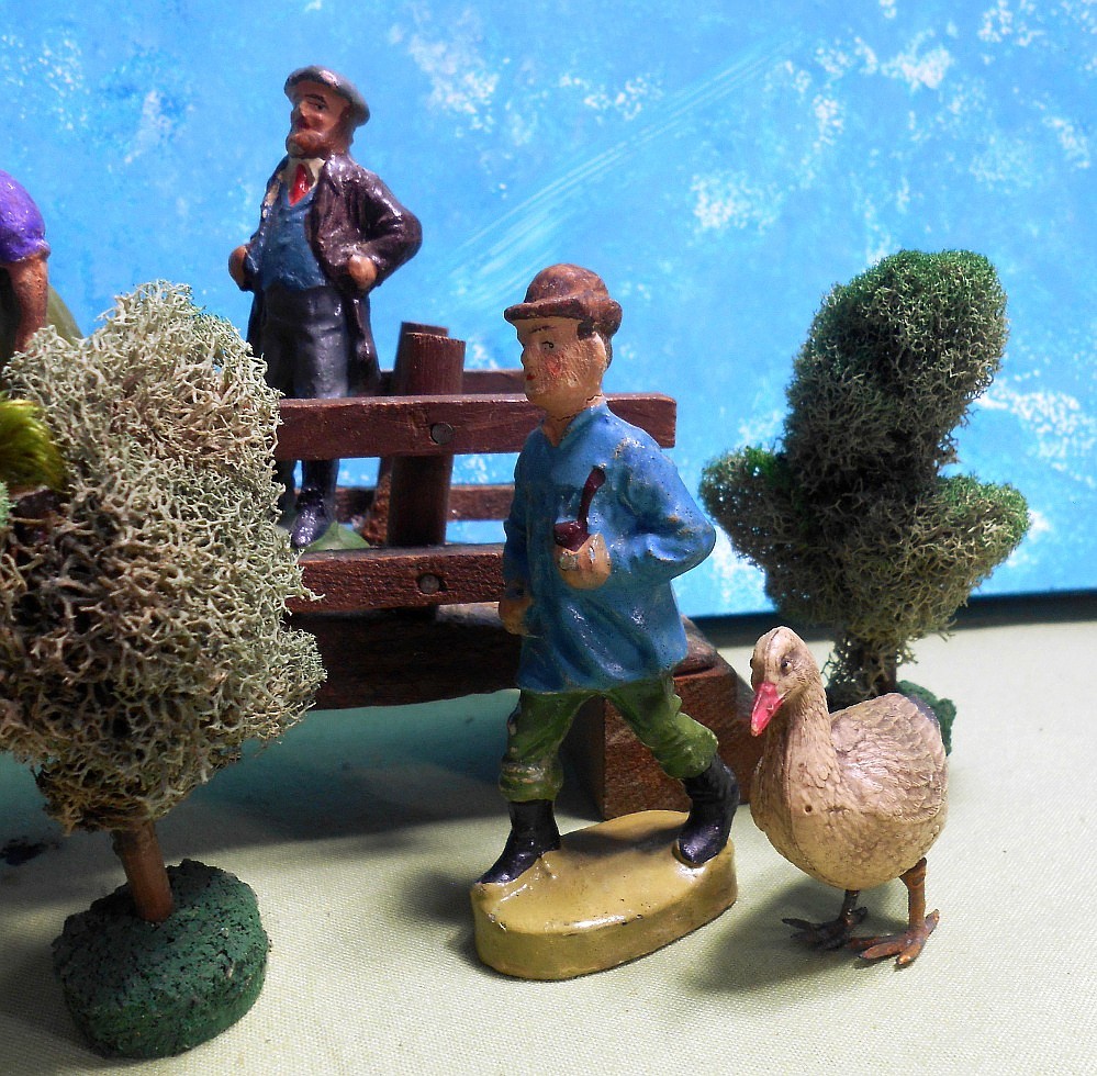 Lot of 10 Putz Items – Moss Trees, Bridge, Goose, and 5 Elastolin German People