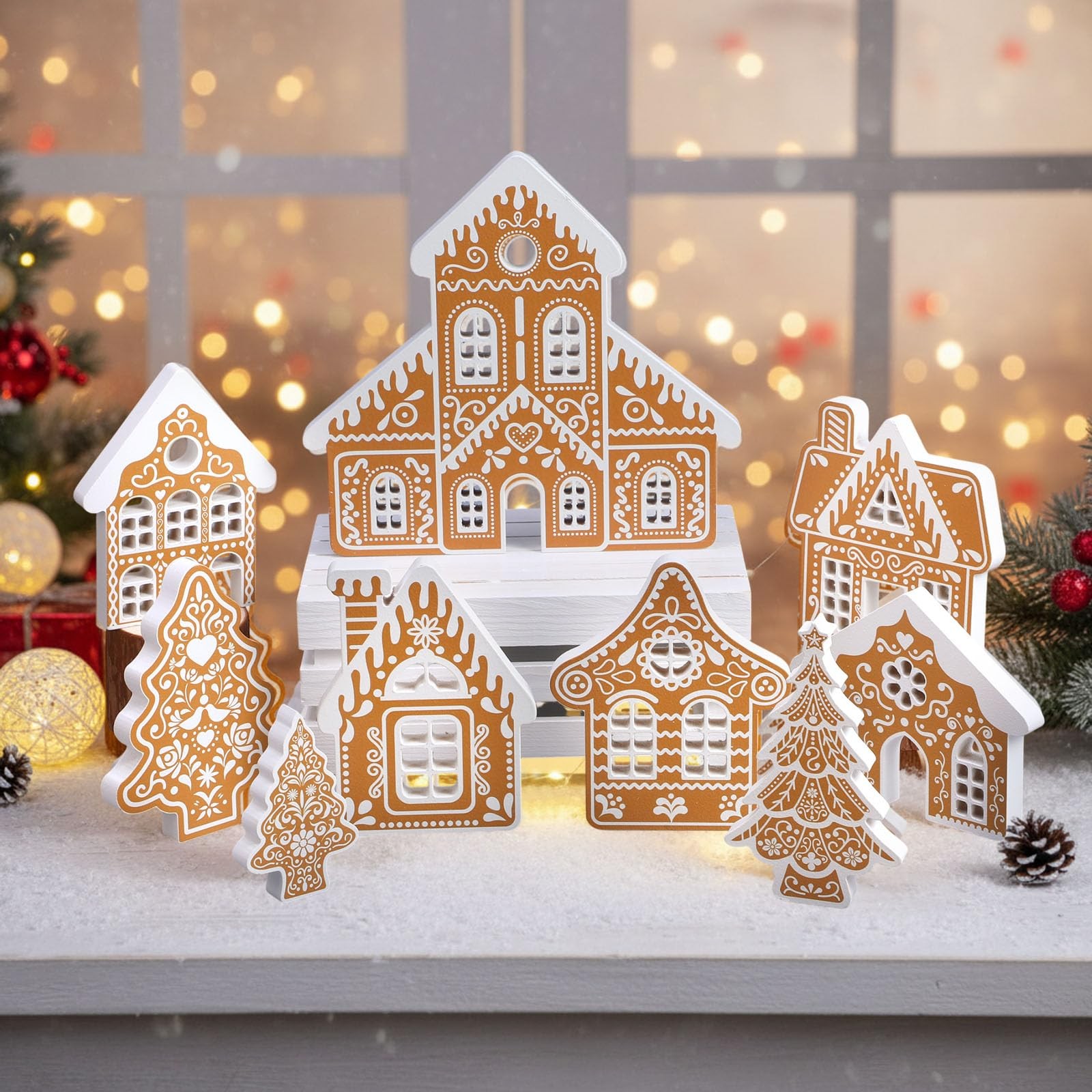 9 Pcs Wood Gingerbread House Decor Sets Christmas Village Bulk Wooden Christm…