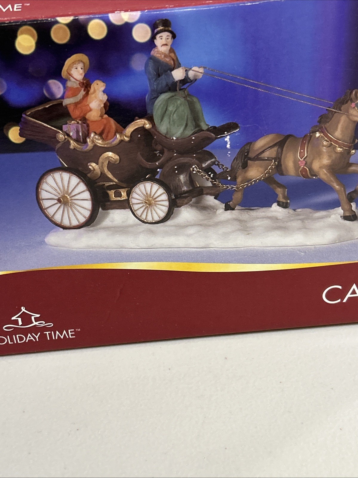 Holiday Time Horse Drawn Christmas Carriage Couple Snow Village Collection Vntg
