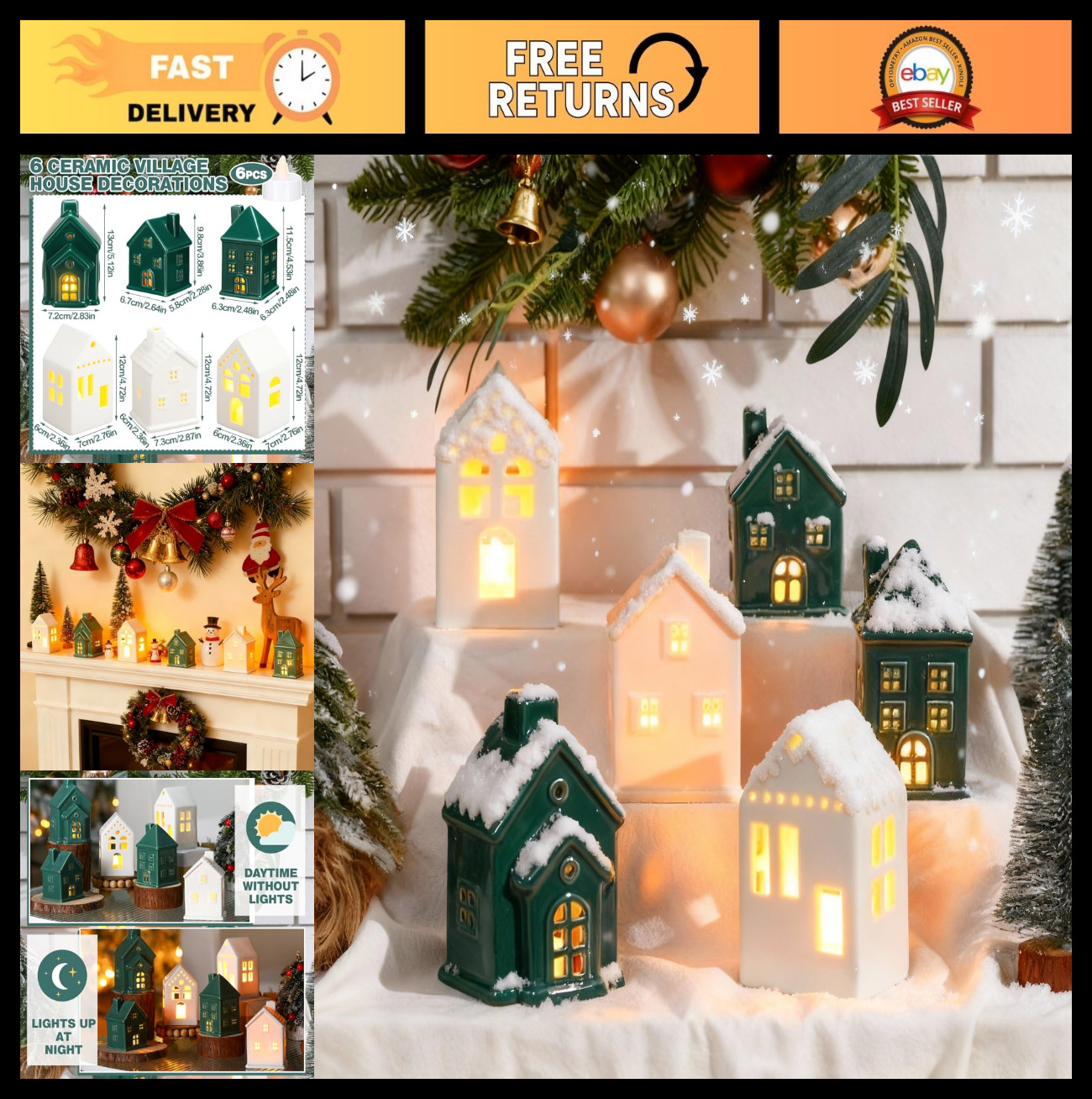 6 Pcs LED Lighted St. Patrick’s Day Village Houses – Miniature Ceramic Decor Set