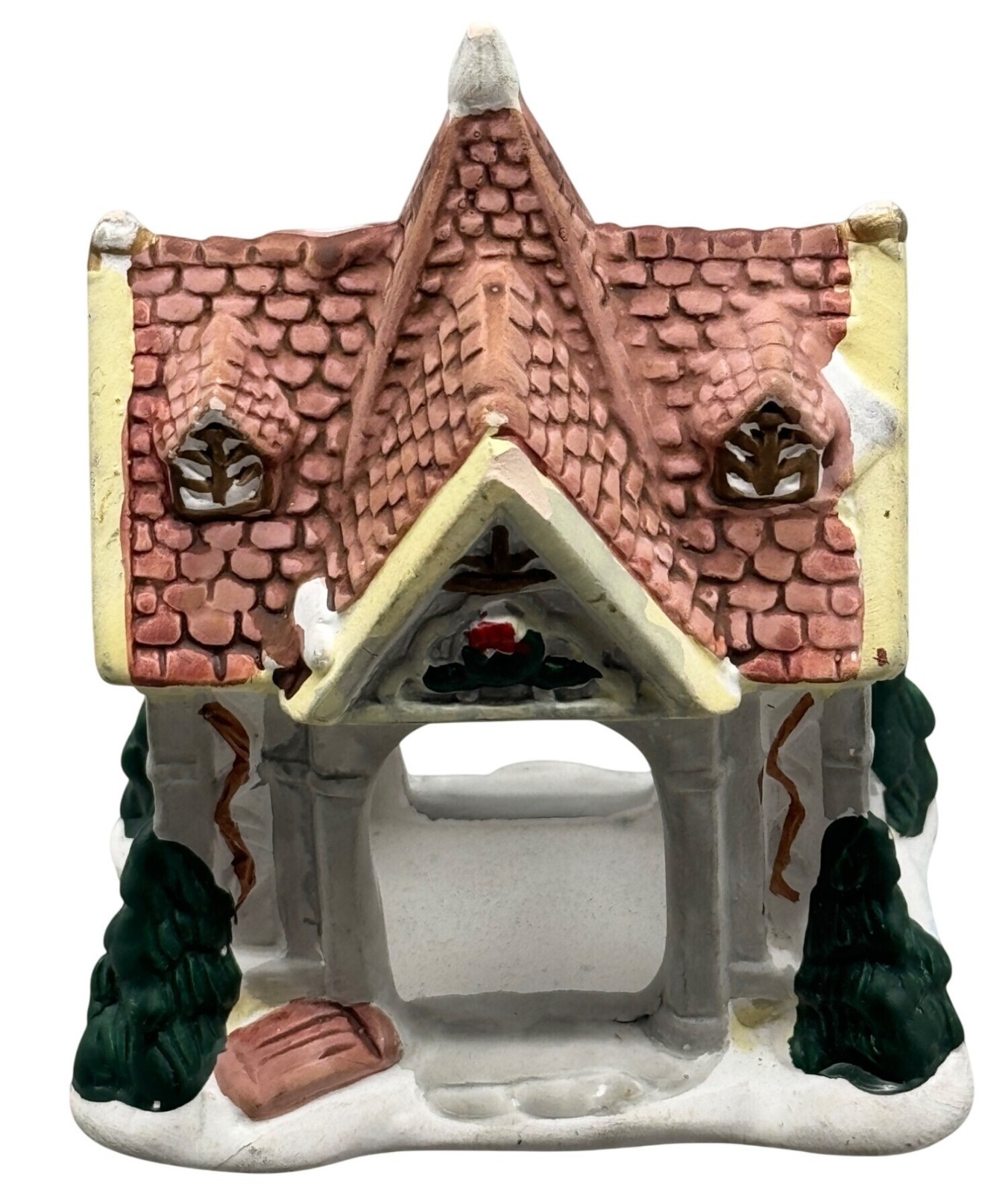 Vintage Ceramic Snowy Cottage Christmas Village Decor brown green trees 2.25×4″