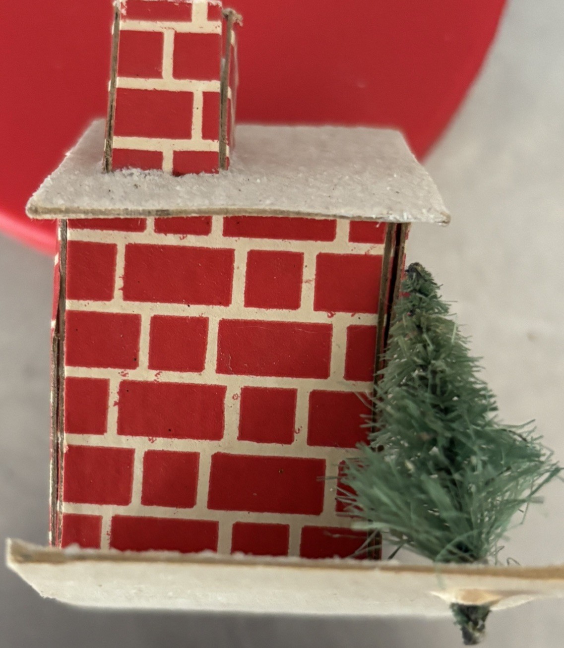 Vntg Putz House Red Brick with Cello Windows & Bottle Brush Tree Glitter L-D