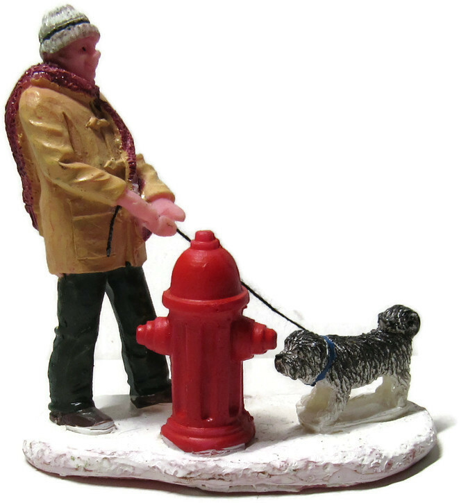 Lemax Christmas Village Figure Man Walking Terrier Dog Red Fire Hydrant Retired