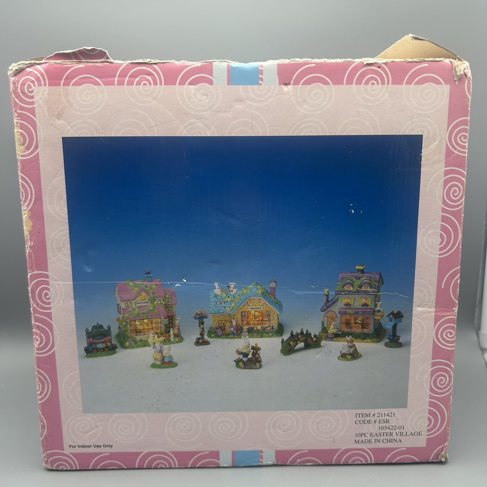 Easter Village Set ~ Rabbits Figures Bridge Buildings Missing Lights 10 Pieces